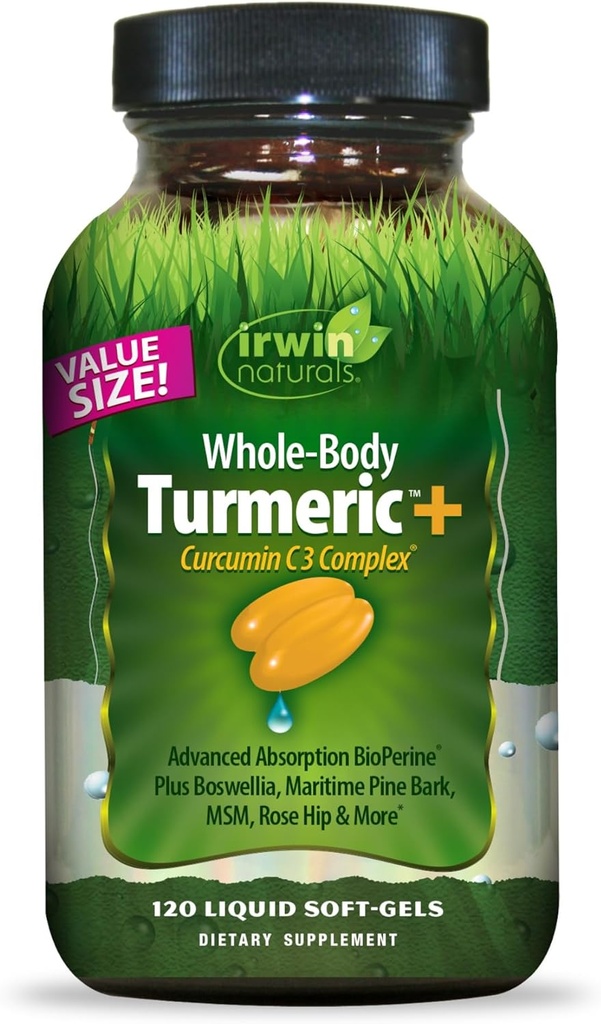 Irwin Naturals Whole-Body Turmeric + Curcumin C3 Complex - 120 Liquid Soft-Gels - con Boswellia, Bark di pino marittimo, MSM & Rose Hip