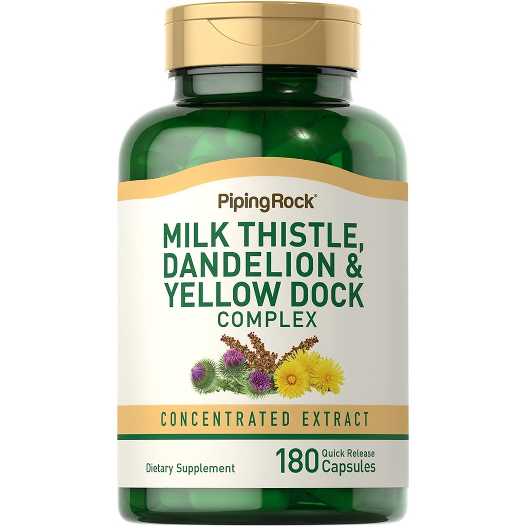 Piping Rock Milk Thistle, Dandelion & Yellow Dock | 180 capsule | Complesso di estratto concentrato | Non OGM, Integratore senza glutine