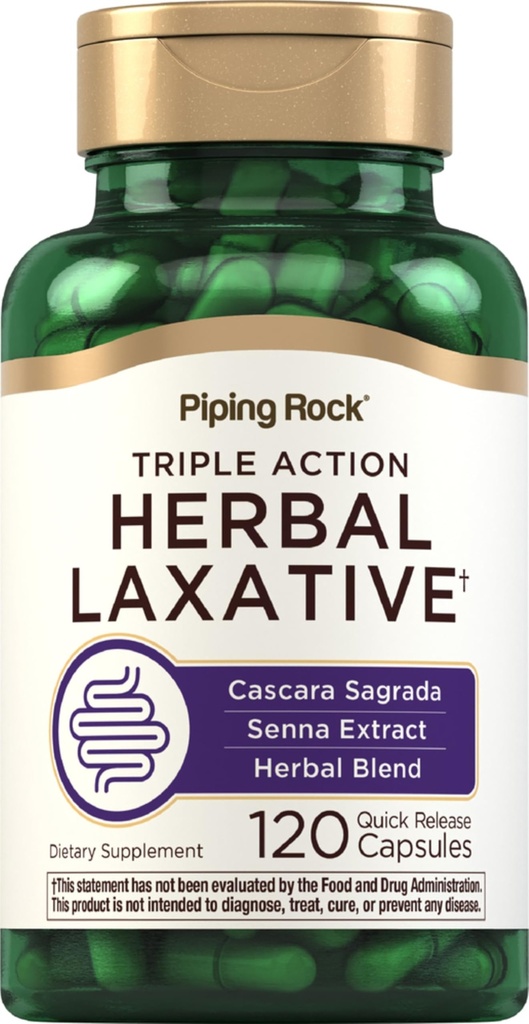 Piping Rock Herbal Laxative Capsule | 120 Count | Triple Action Supplement Blend con Cascara Sagrada e Senna Extract | Non-GMO, Gluten Free