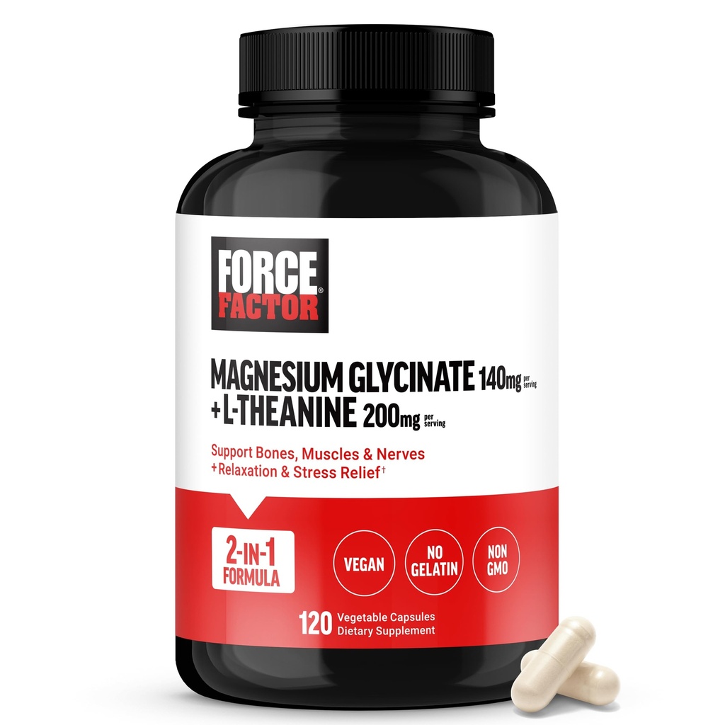 Fattore di Forza Magnesio + L-teanina, Magnesio Bisglycinate Supplemento per sostenere Bones, Muscoli, Nervi, Rilassamento e Mood, Vegan, No Gelatin, Non OGM, 120 capsule vegetali