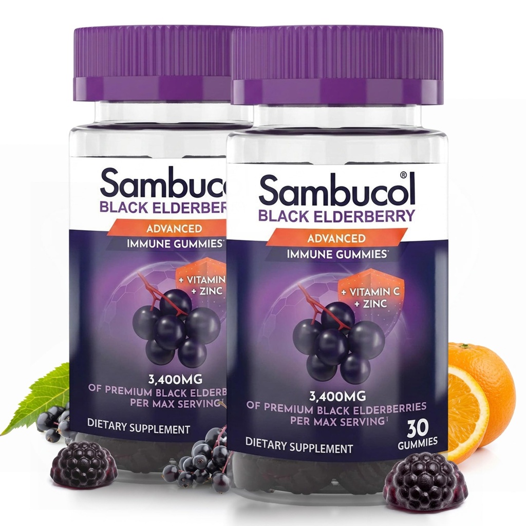 Sambucol Black Elderberry Gummies con vitamina C & Zinc - Sambucus Elderberry Gummies per il supporto immunitario, Antiossidanti alti, Senza glutine, Vegan, Elderberry con Zinc & Vitamin C - 30 Conte, 2 Confezione