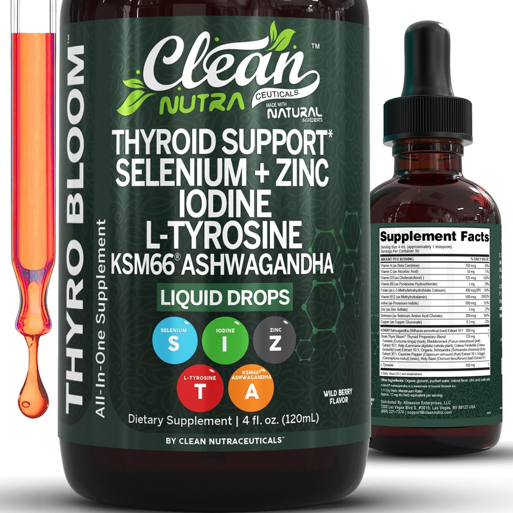 ThyroBloom Thyroid Supporto per le donne Gocce liquide Iodio L-Tyrosine Selenium Copper Ashwagandha Zinc Kelp Bladderwrack Schisandra Guggul Turmeric Vitamina A D3 B12 Folate Supplemento da Clean Nutra 4oz