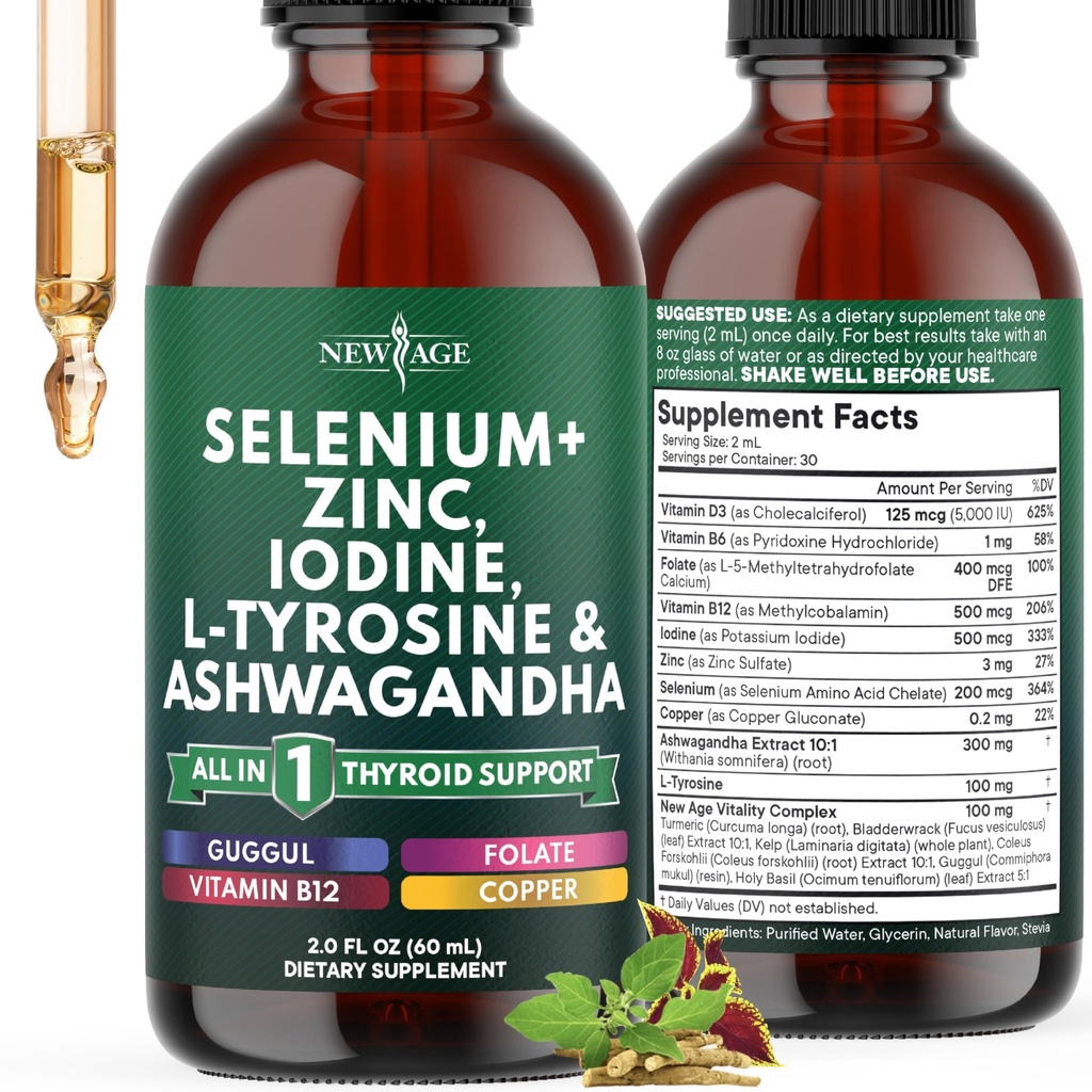 Gocce di sostegno della tiroide - Selenio, Zinco, Iodio, L Tyrosine, Ashwagandha, Turmerico, Schisandra Guggu, Cayenne, Basilio - Supplemento liquido Folate Copper Alcohol -Free, Vegan, Non-GMO – 2 oz