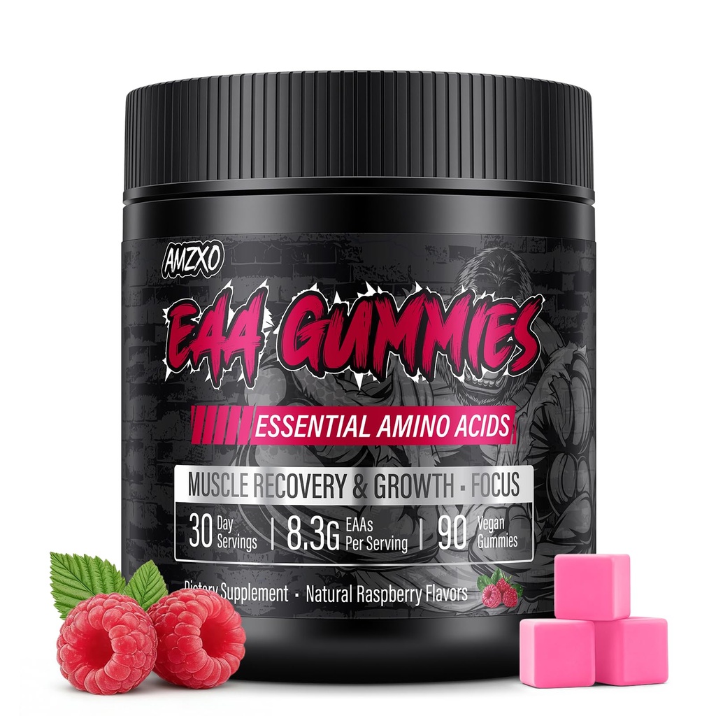 EAA Gummies - 2:1:1 BCAA Formula (8300mg) - Aminoacidi essenziali per il recupero del muscolo e la resistenza - Non-OGM, senza glutine, senza zucchero, vegetariano, aroma di lampone - 90 conte