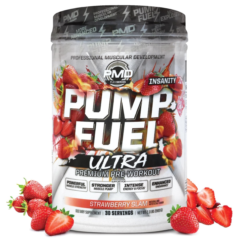 Pompa sportiva PMD Fuel Ultra Insanity - Premium Pre Workout Powder & Muscle Pump, Maggiore messa a fuoco, Endurance & Recovery, Premium Creatine, Arginine & Beta Alanine - Strawberry Slam (30 Serve)