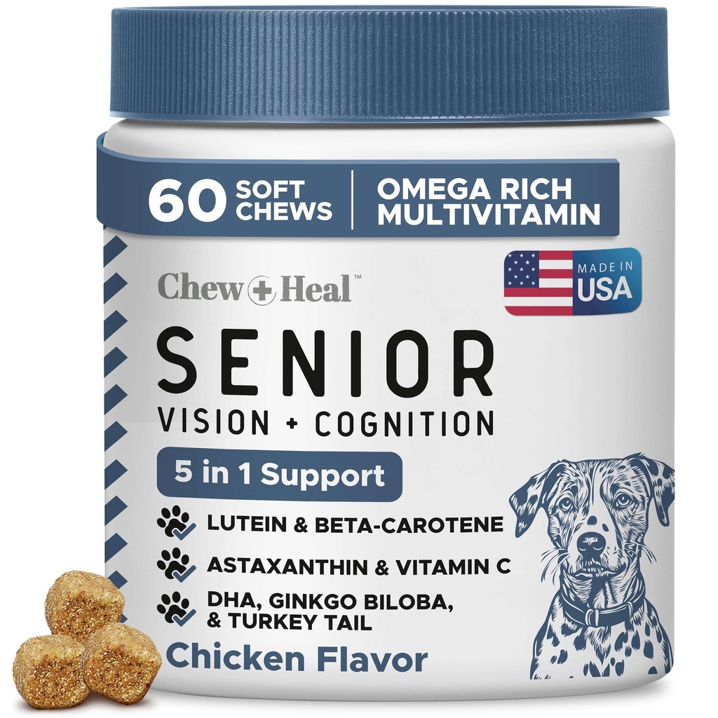 Chew + Heal Labs Senior Dog Vision and Cognition Chews - 60 Soft Chews for Dog Eye Care and Memory - 7-in-1 Multivitamin with Omega Fatty Acids, Vitamins, and Botanicals - Made in the USA