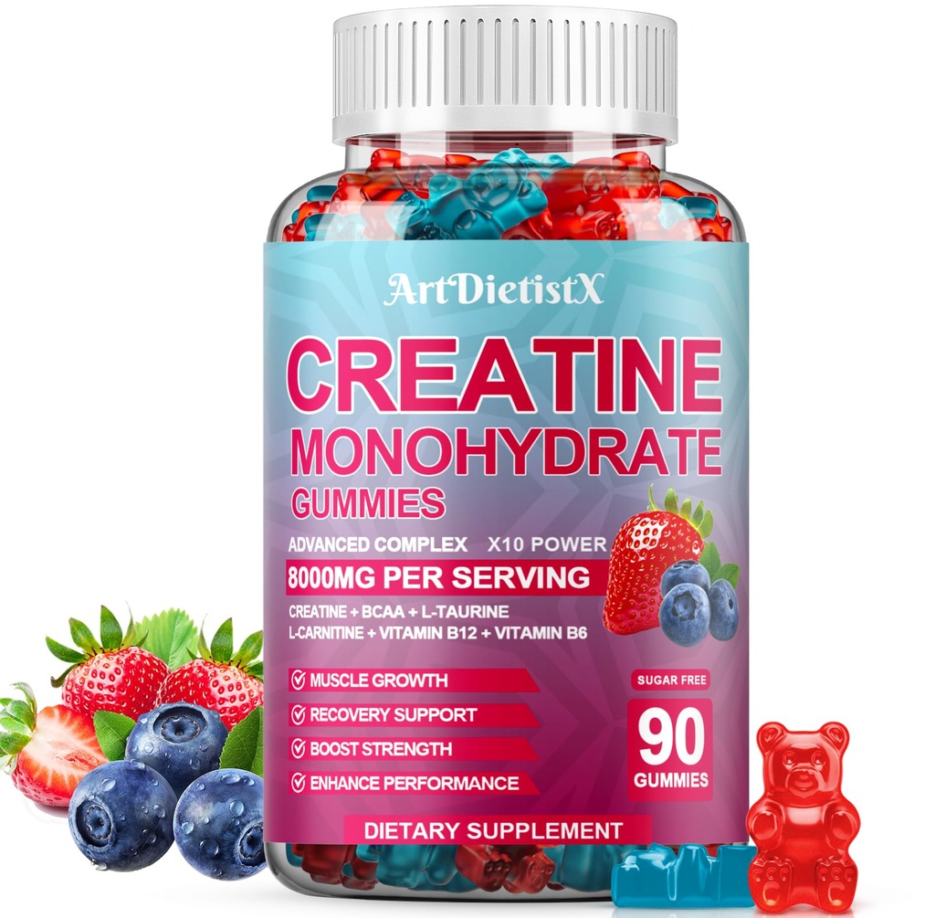 Creatina Monoidrato 8000mg Gummies con BCAA, L-Carnitina, Taurina e vitamina B12 - Supplemento pre allenamento per la crescita del muscolo, resistenza & energia, Multi-Flavor Chewable Gummies, 90 Contenitore per uomini e donne