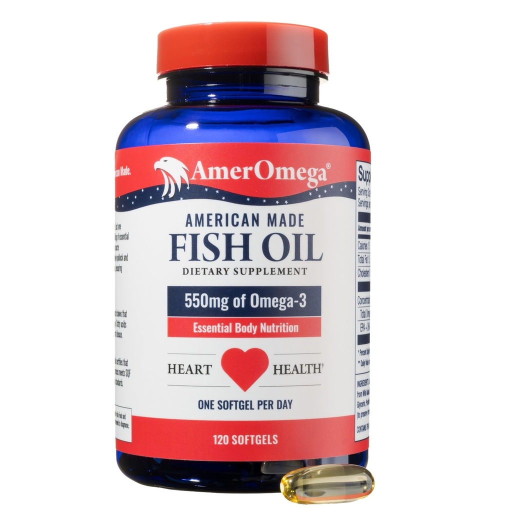 AmerOmega Triglyceride Omega-3 Fish Oil for Heart Health Support - Wild-Caught Alaskan Walleye Pollock - American-Sourced, American-Made - Non OGM, Gluten-Free & Dairy-Free - 120 Softgels