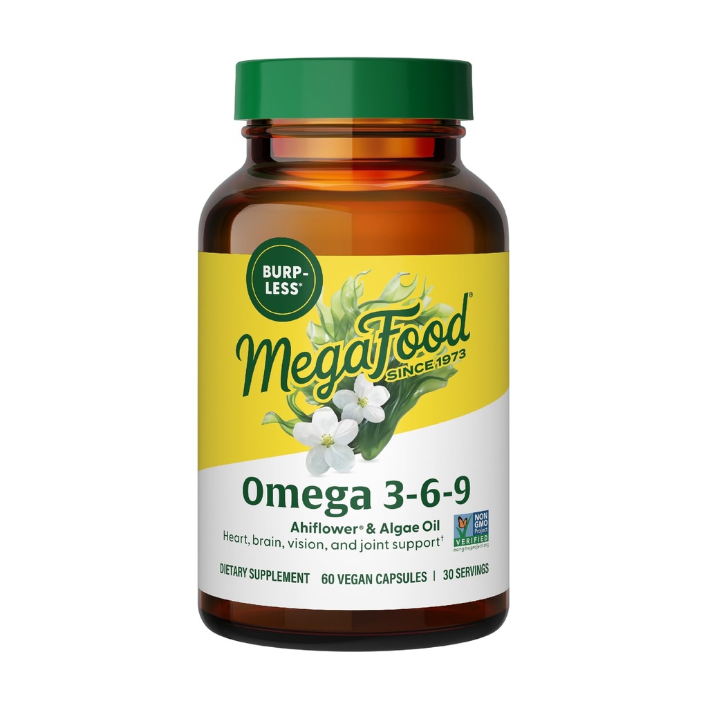 MegaFood Vegan Omega 3 6 9 - Burp-Less Supplemento - 600 mg Plant-Based Omega 3 & 150 mg DHA Per Serving - Cuore, Cervello, Visione & Joint Support - Fish Oil Alternative - 60 capsule, 30 Serve