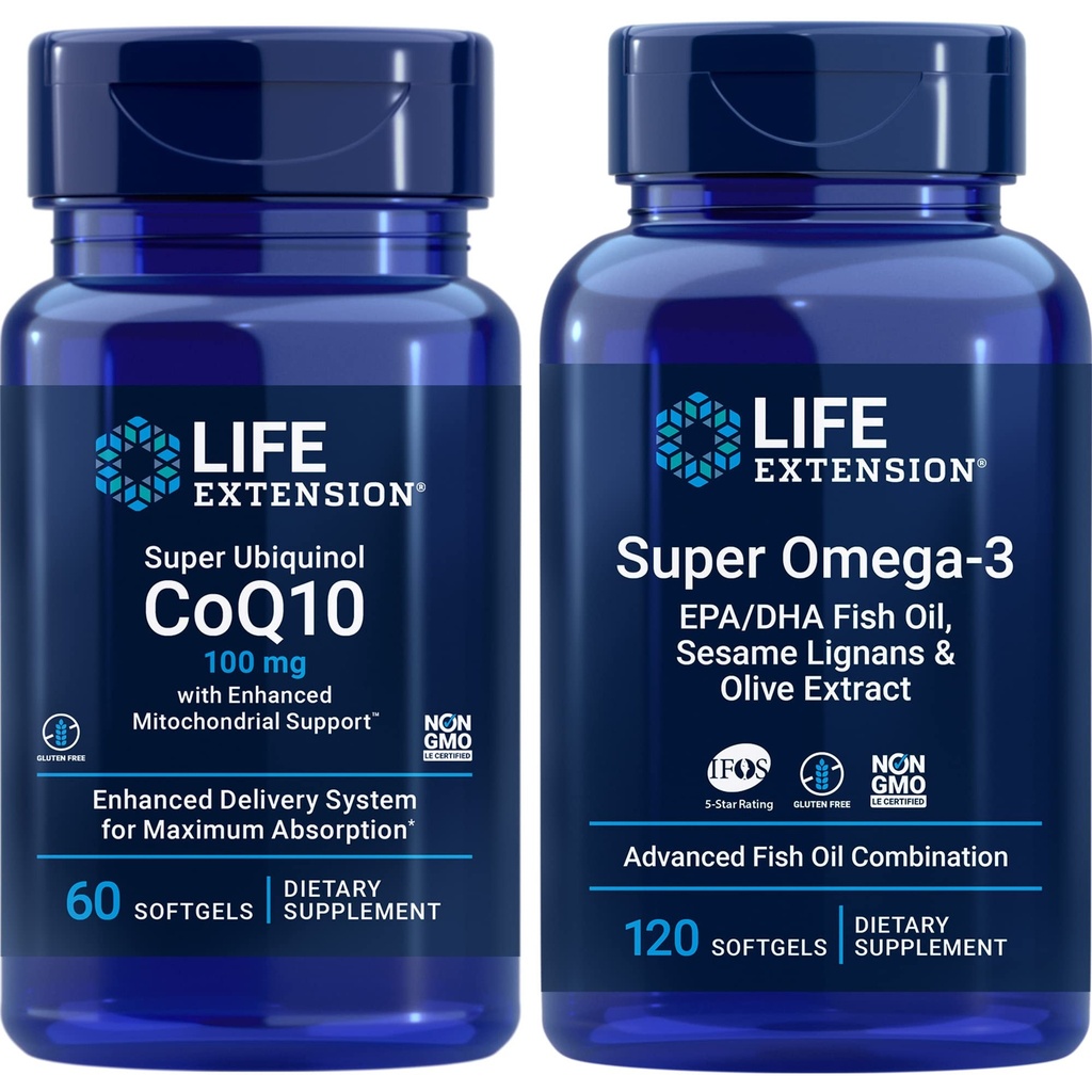 Estensione della vita Super Ubiquinol Coq10, 100 Mg, 60 Softgels | Super Omega-3 Epa/dha Fish Oil, 120 Softgels | Integratori di salute del cuore e del cervello, Gestione dell'infiammazione, Supporto anti-invecchiamento.
