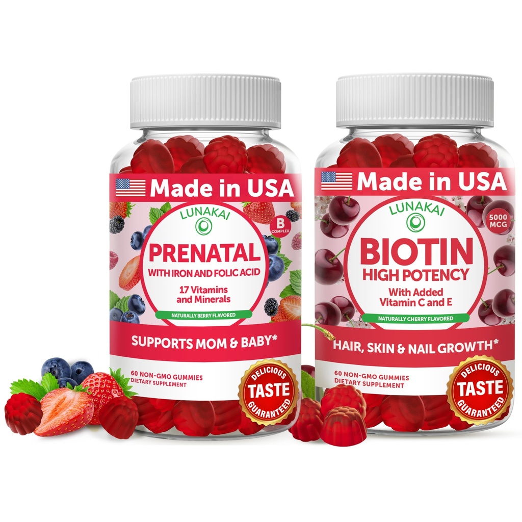 Gomma Prenatale Lunakai e Biotina Bundle - Gomma Multivitamina Gravidanza con Acido Ferro e Folico - Integratore per la crescita della pelle e delle unghie con Vitamina C ed E - 30 giorni di alimentazione