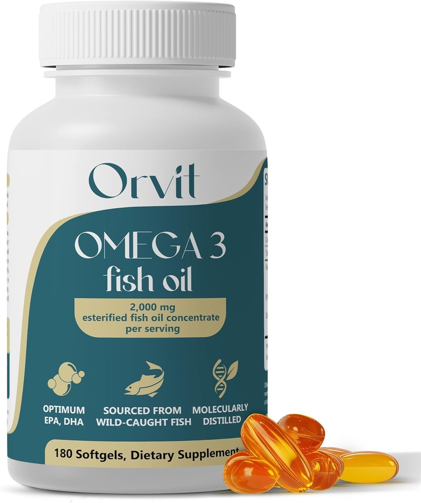 ORVIT Omega 3 Fish Oil Softgel 2000 mg - Ultimate EPA DHA Supplemento per gli uomini e le donne - Burpless - No Fishy Taste - Unflavored 180 Softgels - Organic, Non OGM - Made in Italy