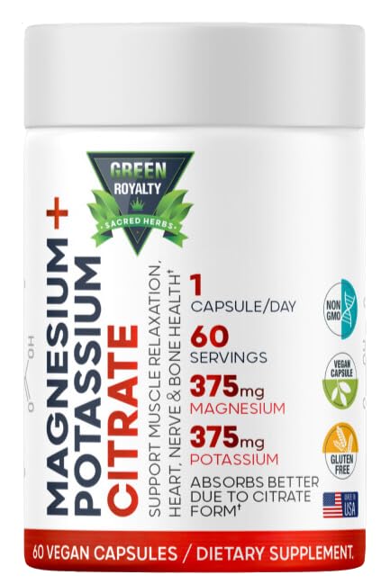 Citrato di magnesio + capsule vegane di potassio 60 Premium (Citrate 375 mg) + (375mg Potassium) Non OGM, Gluten Free - Supplemento ad alto assorbimento Made in Italy