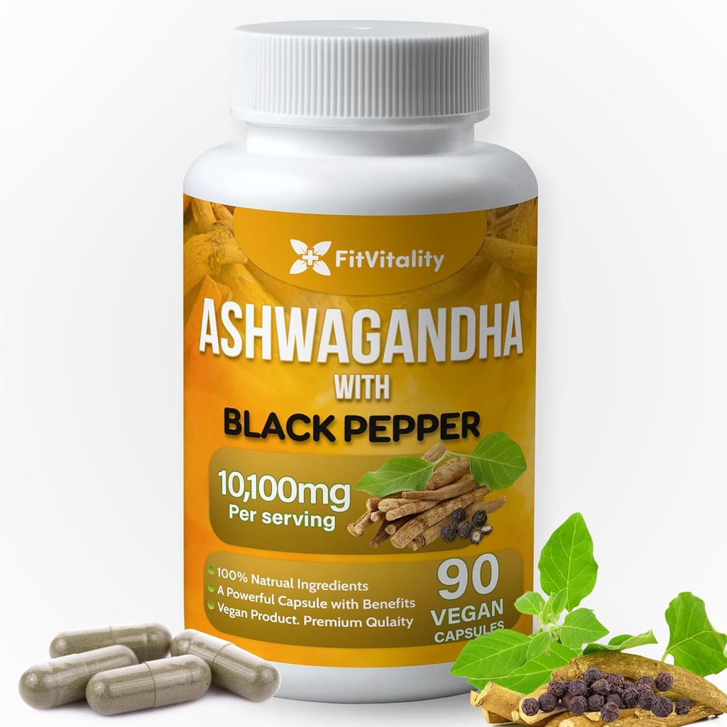 Capsule Ashwagandha, 90 capsule vegane, 10.100 Mg per capsula – 100% naturale Ashwagandha Root Extract Powder e Black Pepper Extract, Non OGM, Senza glutine