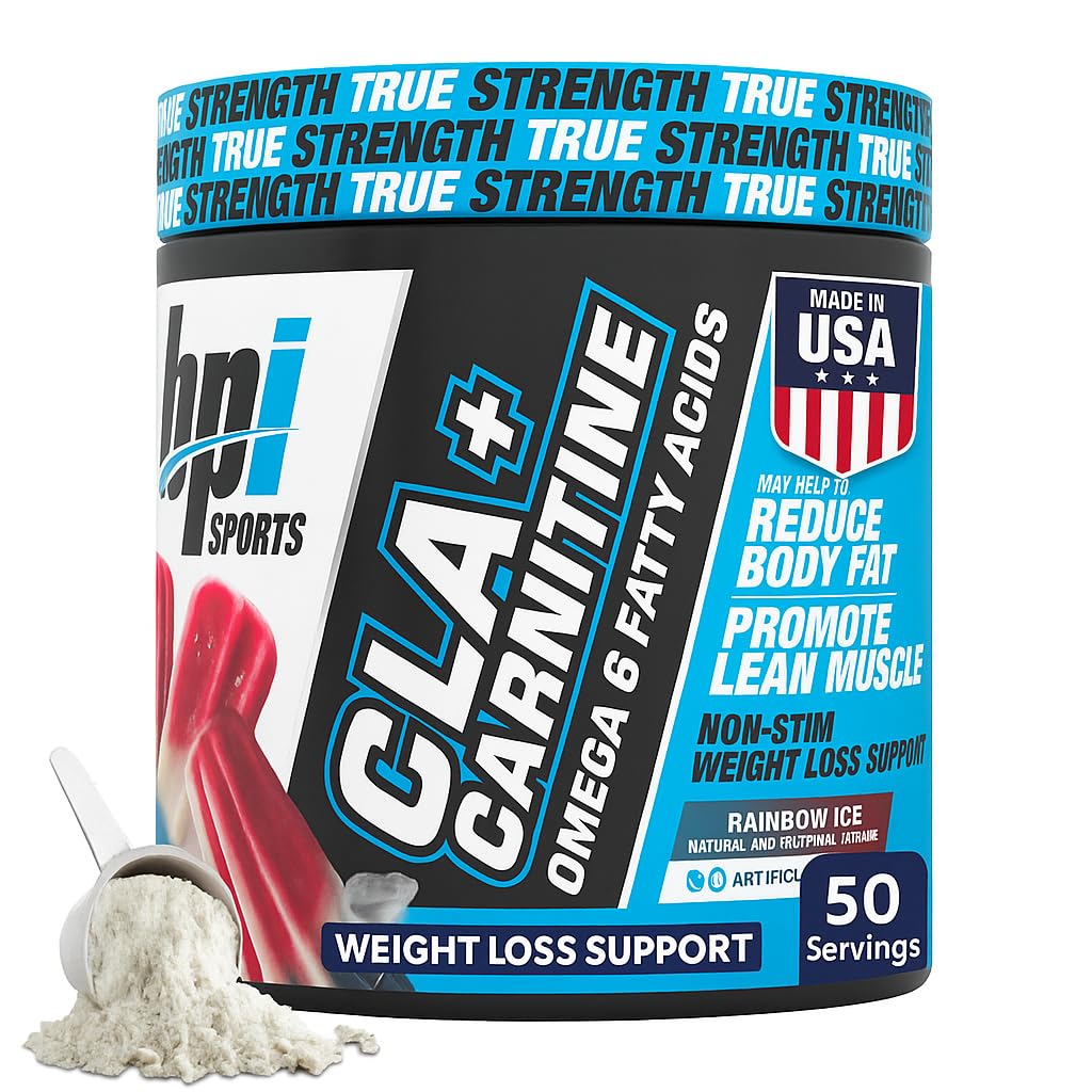BPI Sports CLA + polvere di carnitina – Bruciatore grasso non stimolante per la perdita di peso, Metabolismo & massa magra – Caffeina Free – Rainbow Ice – 50 Serve – 12.34 oz