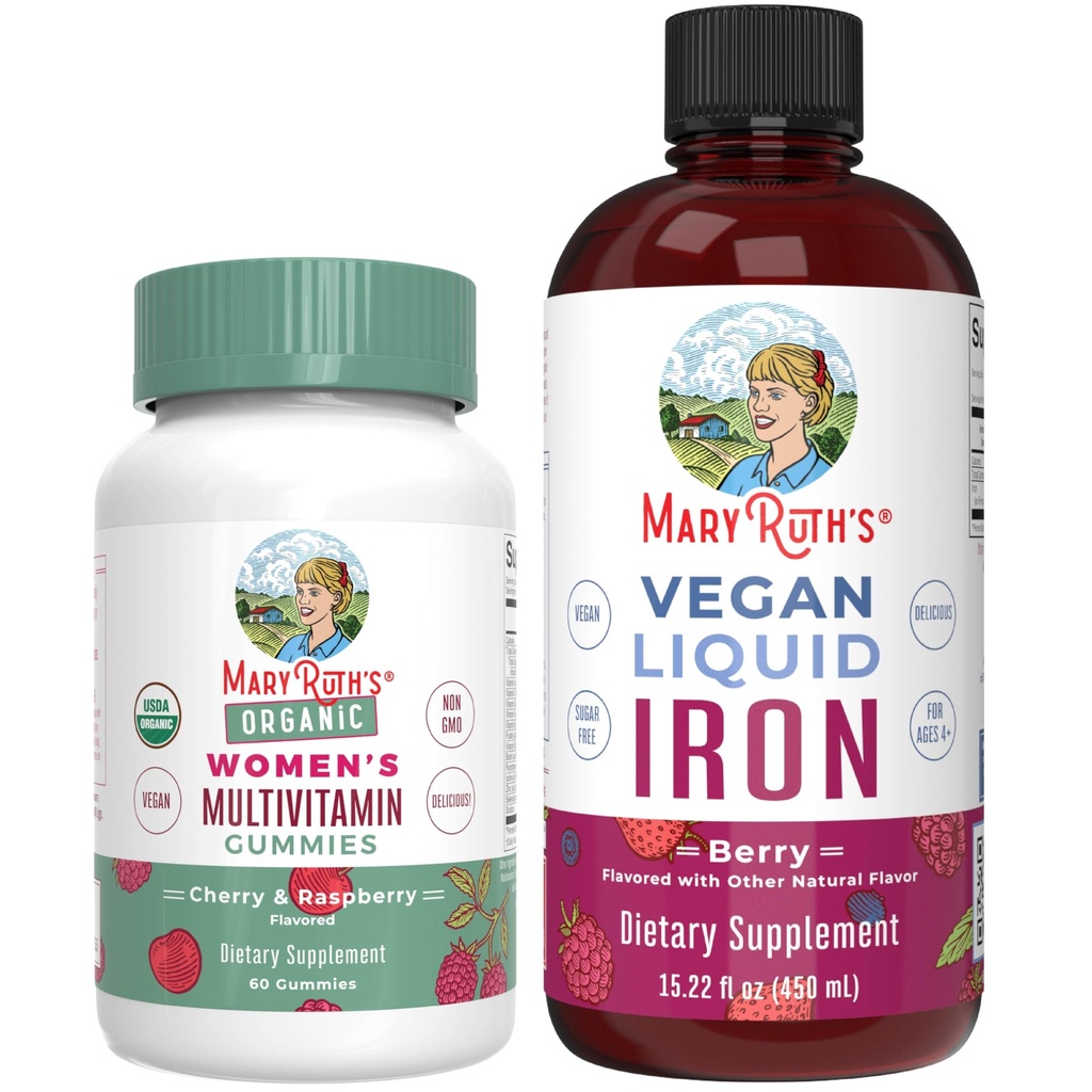 MaryRuth's Multivitamin Gummies for Women (Cherry & Raspberry) & Iron Liquid Supplement (Berry) | Clean Label Project Verified® | USDA Organic, Vegan, Non-GMO | Beauty, Immunity & Global Health