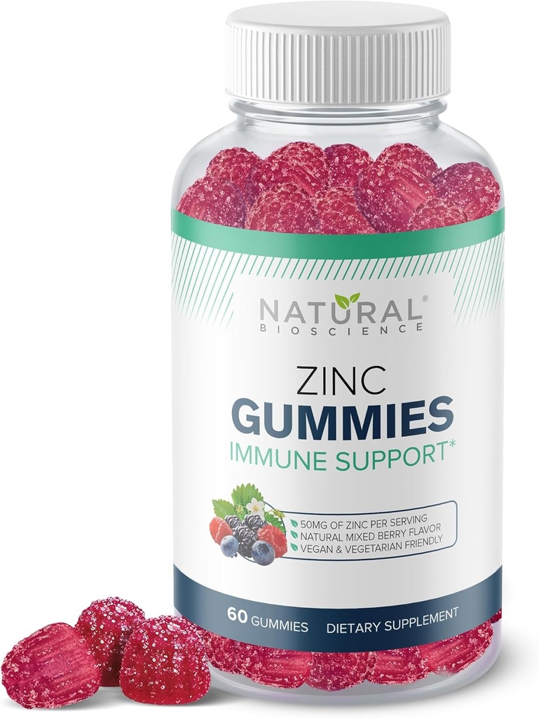 Zinc Gummies 50mg - Supporto Immune ad alta potenza, Salute della pelle, Antiossidante, Integratore Immunitario giornaliero per Adulti, Vegan, Senza Glutine, Non OGM, Gummies Citrato di Zinco Masticabile, 60 Gummies