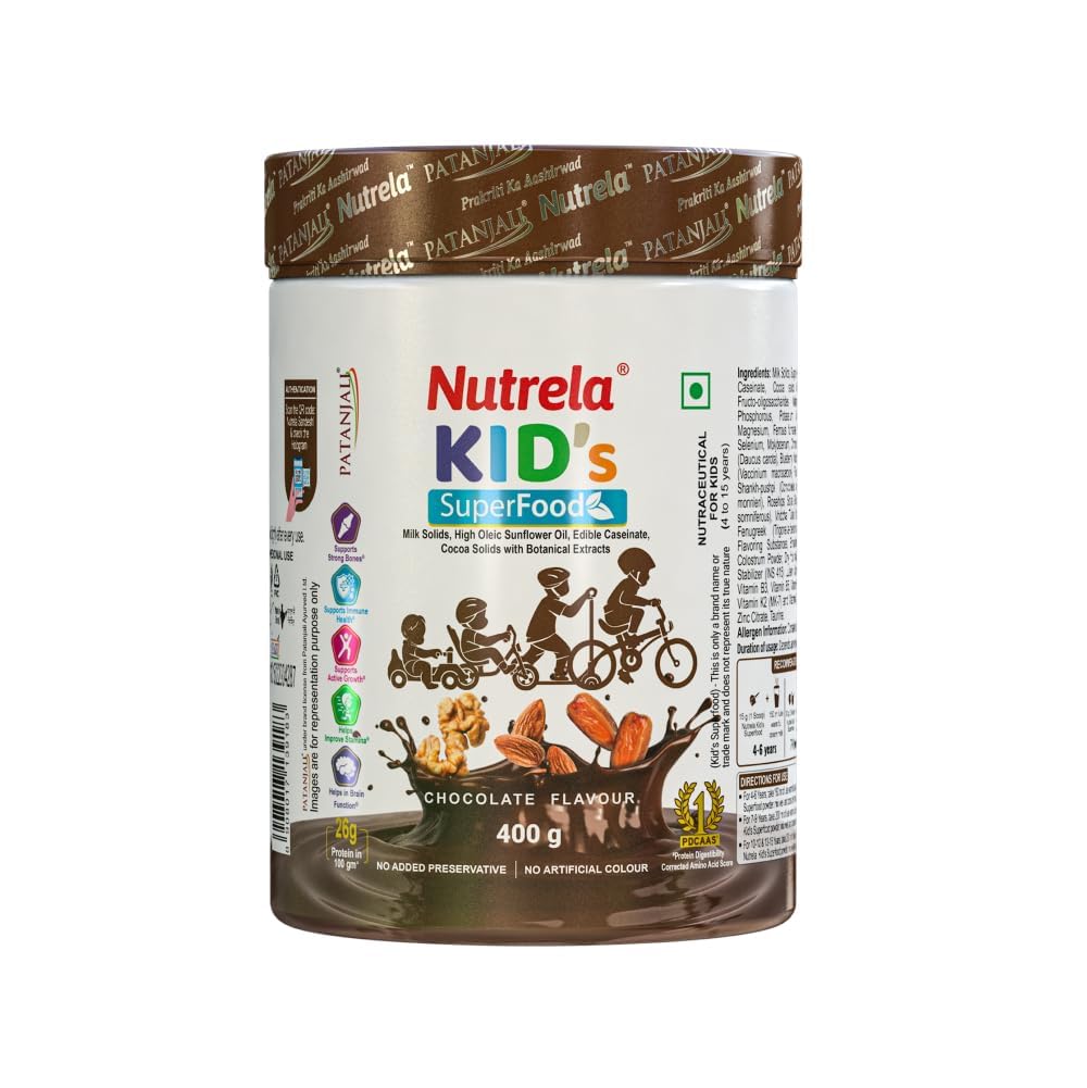 Nutrela Kids Protein Powder, Chocolate Flavour, 400g, Memoria e Sviluppo del cervello, Massa muscolare, Forza di ossa e denti