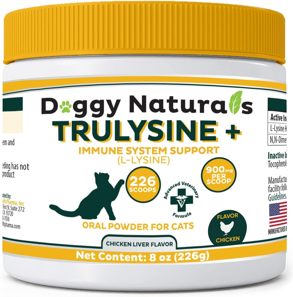 Trulysine Plus L-Lysine per Gatti Supporto Immune Polvere orale 8oz/226g - Gatti e gattini di tutta l'età, starnuti, Runny Nose Squinting, Watery Eyes Pollo Liver Flavor (U.S.A)(226 Grammi (900mg / Scoop)))