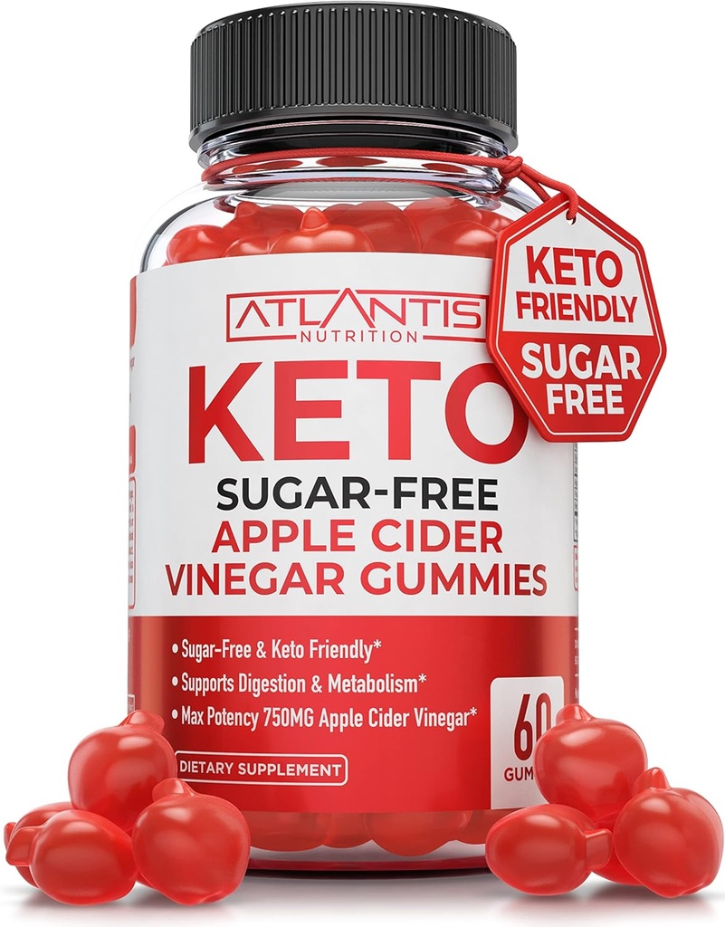 Atlantis Nutrition Zucchero-Free Keto ACV Gummies per la perdita di peso - Aceto di sidro di mele Gummies Formulato con 750MG ACV Per Serving - Supporti Digestione, Perdita di peso, Detox & Cleansing - 60 Conte