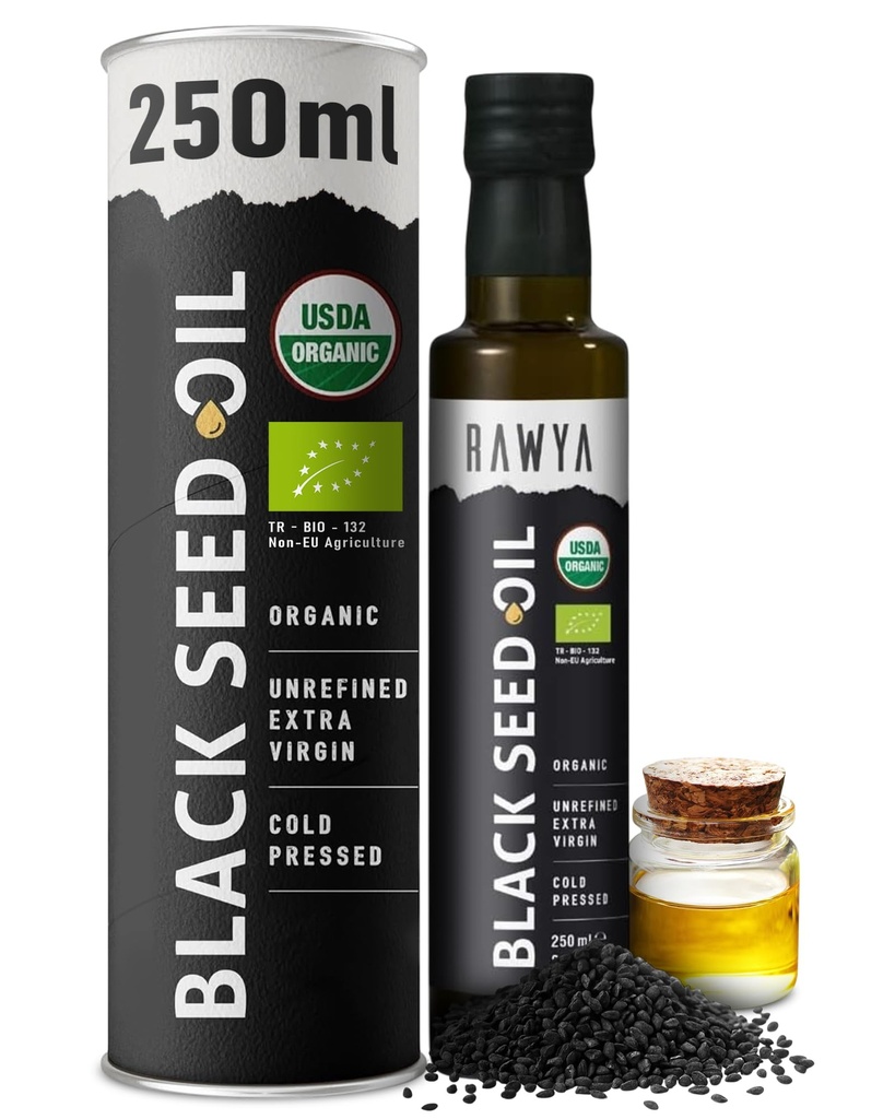RAWYA Black Seed Oil - USDA Organic Certified - Pressato a freddo - 8.4 Fl oz - Extra Virgin - Turco Cumino Nero Seed - Premium Nigella Sativa con Thymoquinone - Kalonji - Non OGM, Gluten-Free - Integratori nutrizionali - Gusto Extra Forte