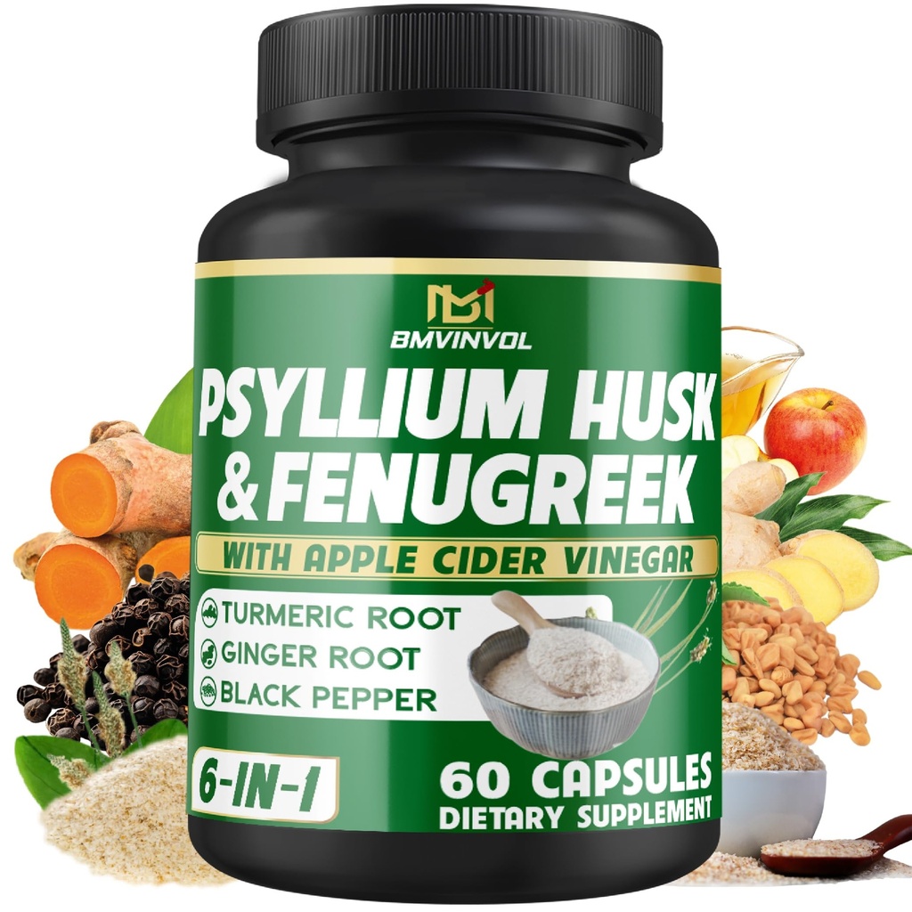 BMVINVOL Psyllium Husk Fiber Supplemento t con Fenugreek, Aceto di sidro di mele, Turmerico, Ginger, Black Pepper- Digestion Health Support - 60 capsule
