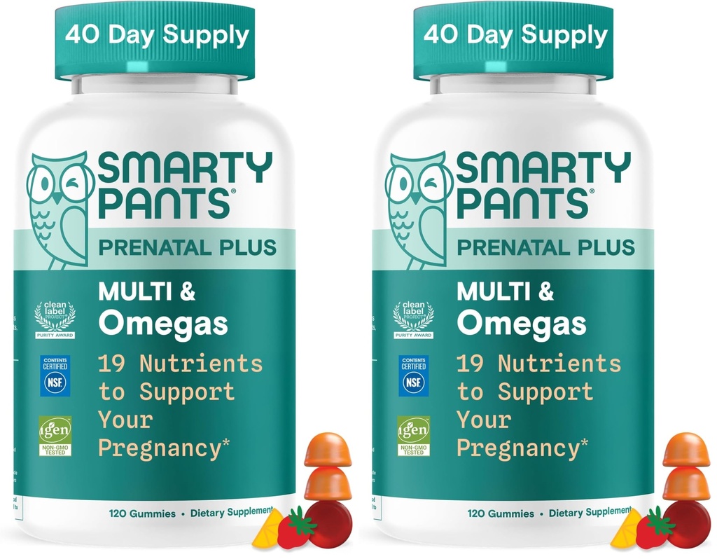 SmartyPants Prenatal Multivitamin Gummies, Omega 3 (DHA/EPA), Methylfolate, Biotin, Vitamina D3, C, Vitamina B12, B6, A, K & Zinc, Gluten Free, 120 Count (40 Day Supply) (Pack of 2)