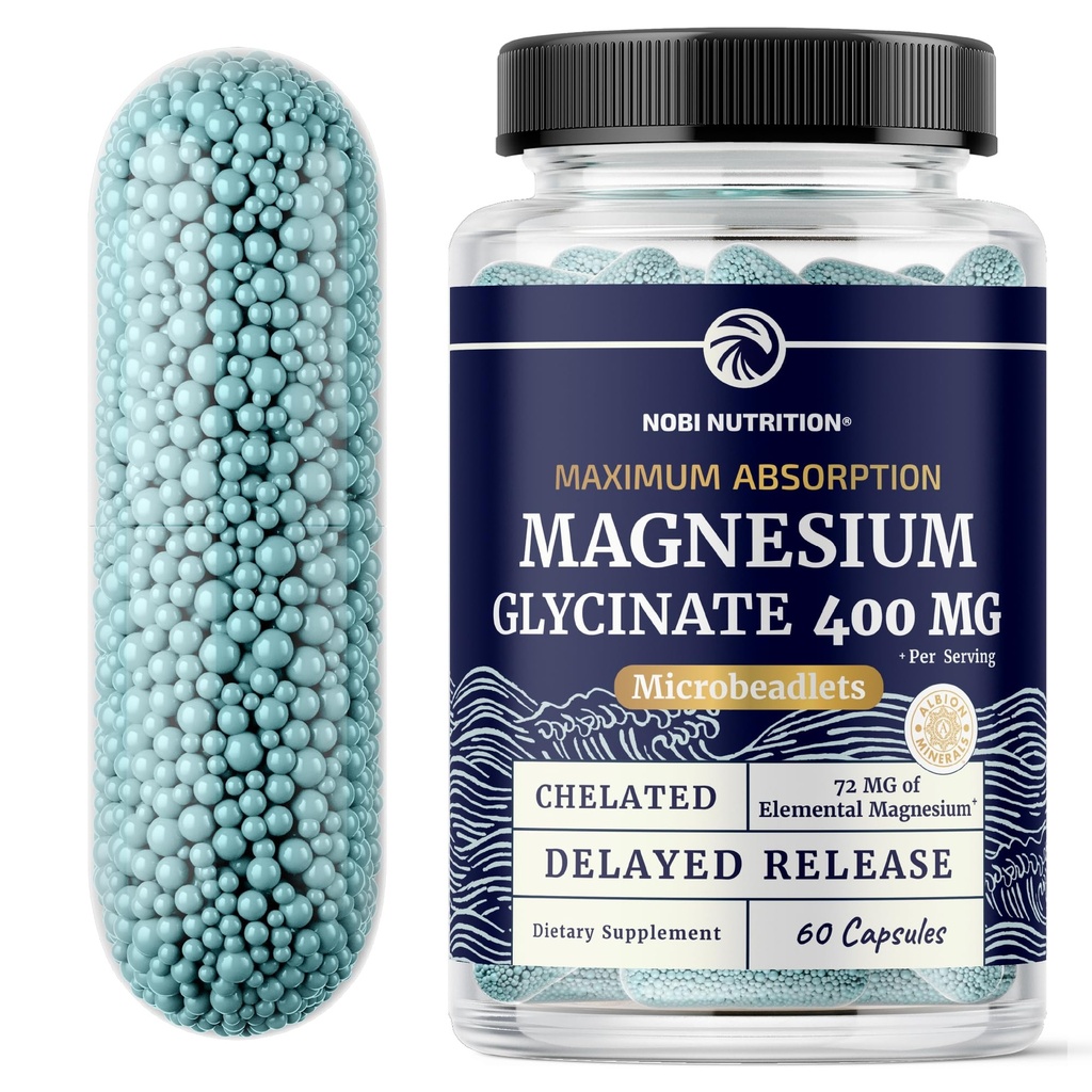 Magnesio Glycinate 400mg | Magnesio ad alto assorbimento per il sonno, Calma, Rilassamento muscolare, Cuore, Bone & Nerve Supporto per le donne e gli uomini | Microbeadlets avanzati | Mag Glycinate | 60 Ct.