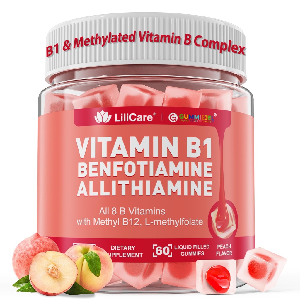 Vitamina B1 & Methylated Vitamin B Complex Gummies - Tutte le vitamine B, Benfotiamine, Thiamine & Inositol, Methylated B1 B2 B6 Multivitaminici, L-metilfolato, Methyl B12 per Nerve Cognition Energy, 60 Cts