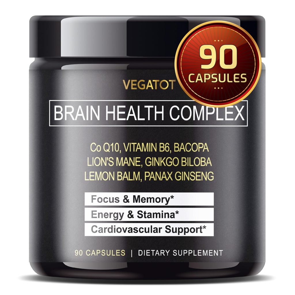 VEGATOT Brain Booster Brain Health Complex Supplemento Concentrato con CoQ-10 VIT B6 Lion Mane Ginkgo Biloba Lemon Balm Ginseng - Focus Memory Energy