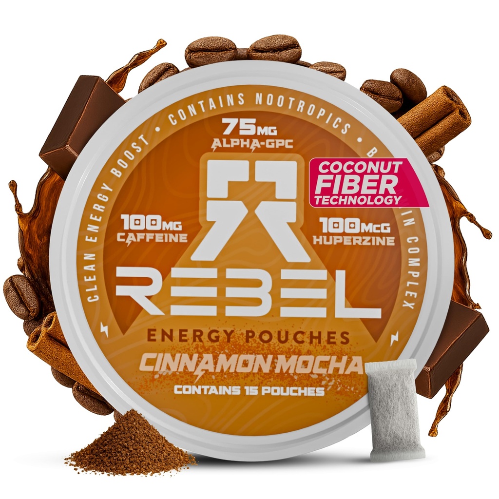 Rebel Nootropic Energy Caffeine Pouches (Cinnamon Mocha) • 100 mg di caffeina • Alpha GPC • Huperzine A & Essential Vitamins • Sugar-Free • Coconut Fiber Technology • 15 Pouches Per Can (Pack of 1)