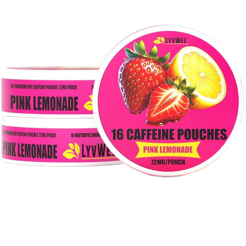 LyvWel 72mg Caffeine Energy Pouches | Nootropic Focus & Neuro Support | 3-Pack con 16 Pouches Per Can | Tobacco-Free, Nicotine-Free, Soluzione ad energia rapida (3 Pack, Pink Lemonade)