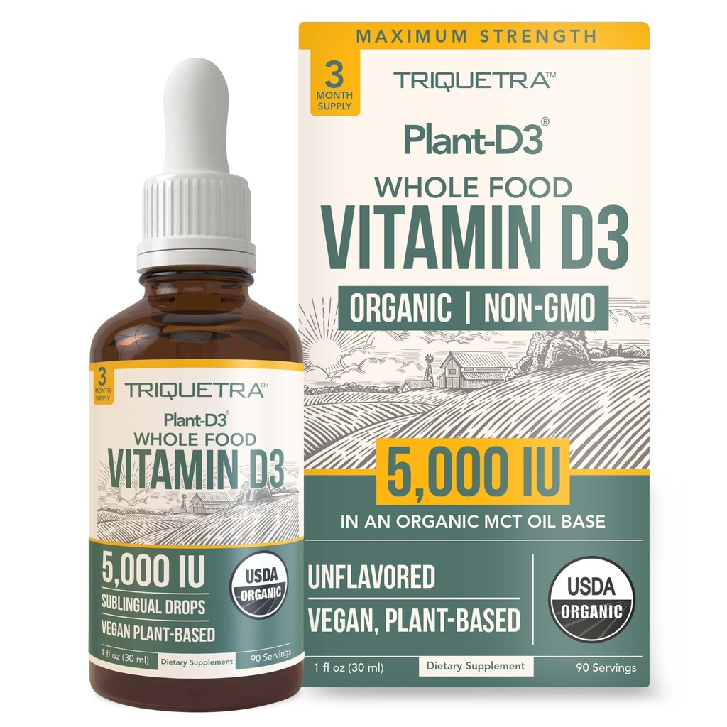 Plant-D3 Organic Vitamin D3 5000 IU - Vegan, Max Strength Sublingual Liquid D3 Drops - 200% Absorbimento superiore - 100% Plant-Based Cholecalciferol Form - Dosaggio regolabile per tutte le età (1oz Liquido)