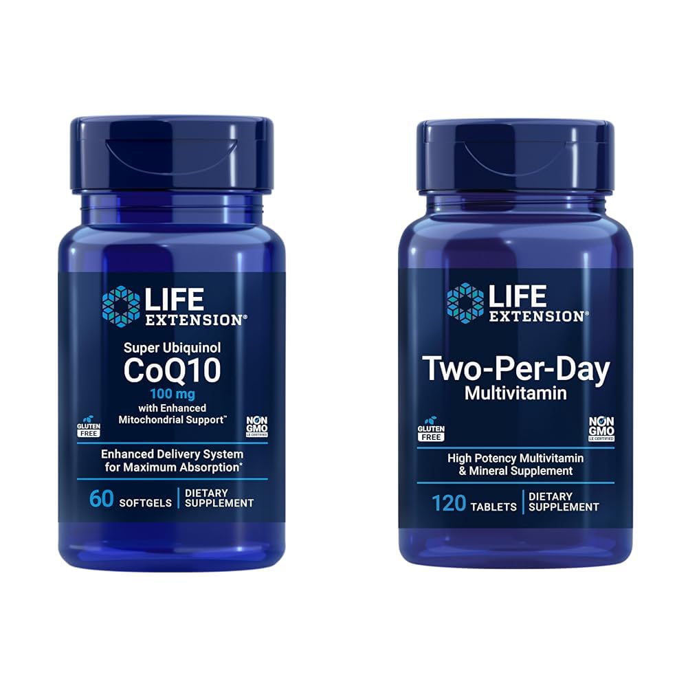 Supporto per il cuore e l'energia cellulare Super Ubiquinol CoQ10 con supplemento multi-vitamina e minerale ad alta potenza di due giorni, 60 Softgels & 120 compresse