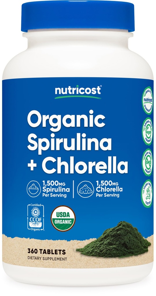 Spirulina Organica Nutricost + Chlorella (3.000mg) 360 compresse - USDA Organic, 1.500mg Spirulina, 1.500mg Chlorella, Vegan, OGM-Free, Gluten-Free, 60 Servings