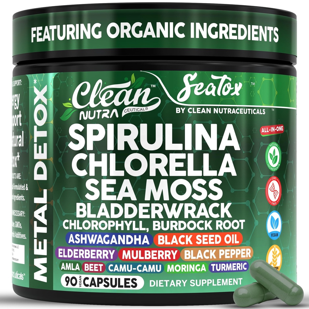 Tox del mare Spirulina organica e capsule di clorella Cleansing naturale & Nourishment mare Moss Bladderwrack Chlorophyll Burdock Root Ashwagandha Turmeric 90 Vegan Black Seed olio capsule da Nutra pulito