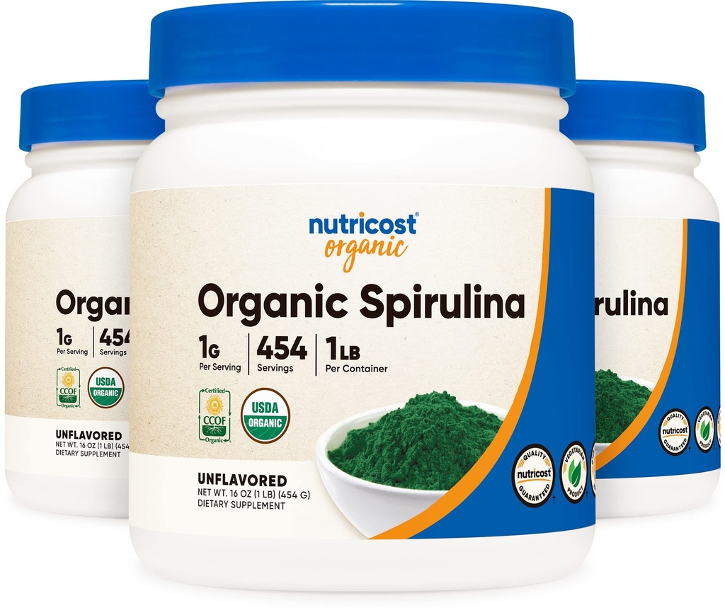 Polvere di Spirulina Organica Nutricost non aromatizzata, contenitore 1LB per 454 Serve (3 bottiglie) - Vegan, OGM Free e Gluten Free