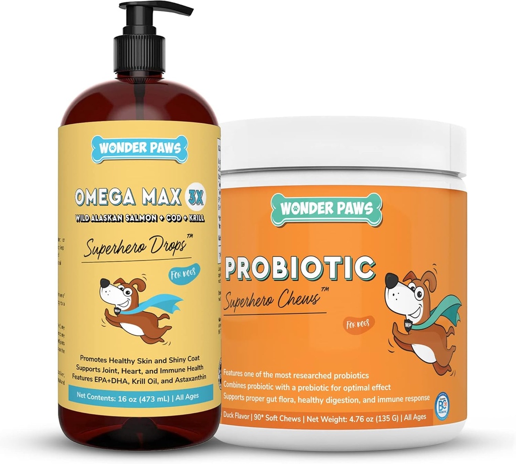 WONDER PAWS Omega Max Fish Oil Plus Probiotic Chews - per Dog Joint Health, Skin Moisture, Gut Health & Daily Wellness - Omega Max 16 Ounces - Probiotic 90 Chews