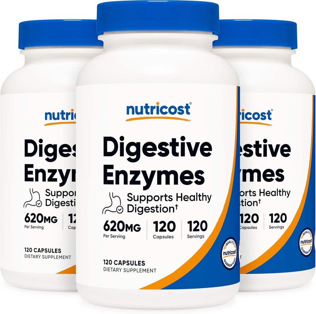 Nutricost Enzimi digestivi 620mg, 120 capsule vegetali (3 bottiglie) - Integratore di enzimi digestivo completo