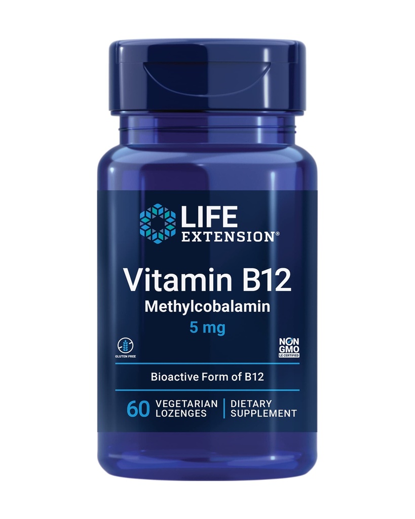 Vitamina B12 Methylcobalamin, Nerve Health Supplement, Supporto cognitivo, Vitamina di energia, metilcobalamin B12, 5 mg, Rapido dissoluzione, Senza glutine, Non OGM, Vegetariano, 60 lozenges