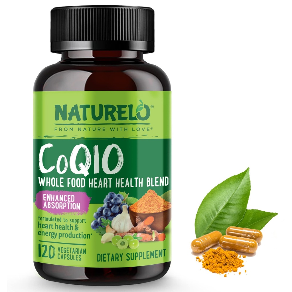 NATURELO Whole Food CoQ10 Supplemento, 120 capsule di veg, miscela di salute del cuore, potente antiossidante, CoQ10 100mg Supporta la produzione di energia