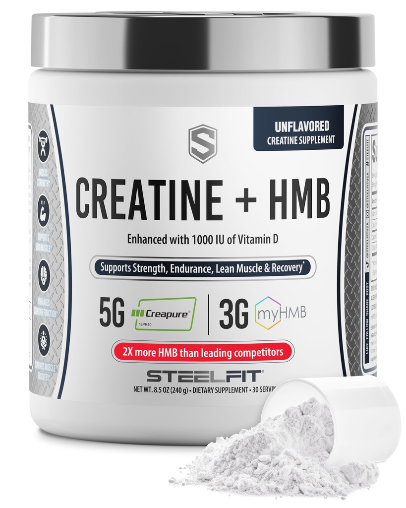 SteelFit Creatine HMB Powder - 5g Creapure Creatine Monohydrate Powder, 3g myHMB & 1000 IU Vitamin D - Workout Supplement Supports Muscle Growth, Strength, Recovery & Energy - Unflavored, 30 Servings