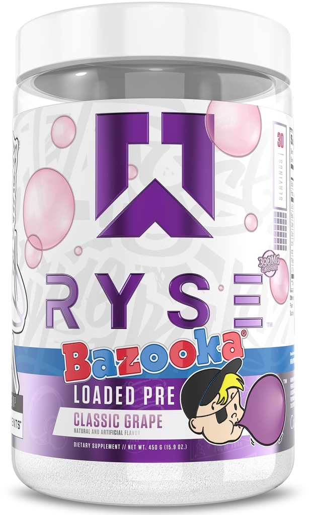 RYSE accumulato polvere pre allenamento - Bazooka Uva - Pre-allenamento giornaliero per uomini e donne con 390 mg di caffeina, Beta Alanina e Citrullina per pompa, messa a fuoco e energia - 30 Serve