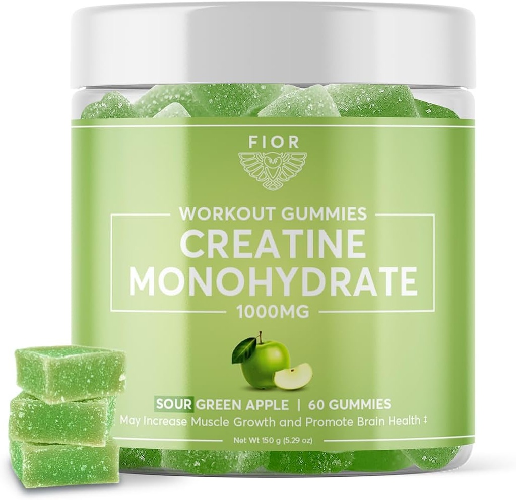 Creatina Gummy FIOR - Miglior Creatina Monoidrato Chewable, 60 Conte, Workout & Protein Supplement, Miglioramento cognitivo, Sour Green Apple Flavor, 30 Serve