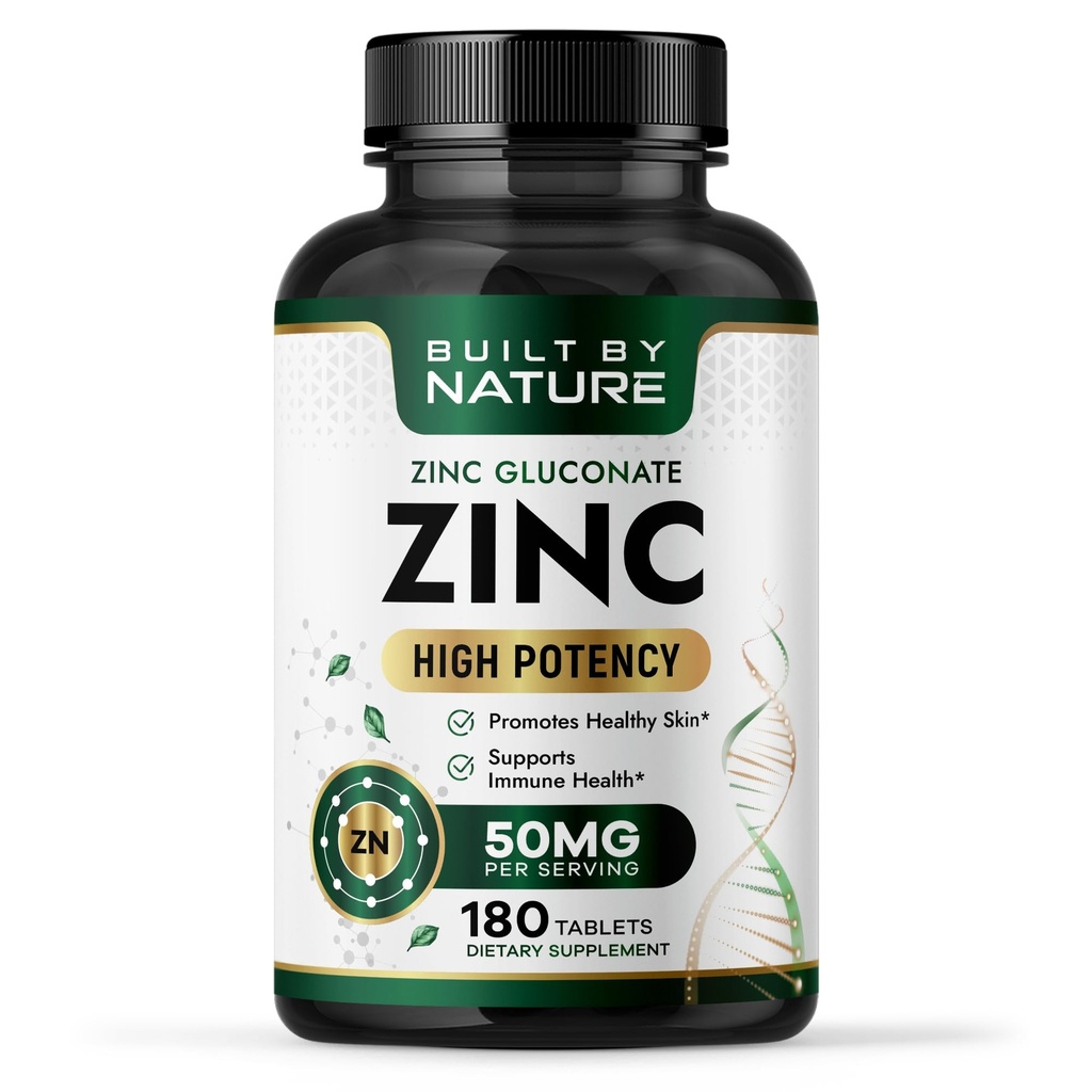 Costruito per natura Zinc 50 mg – Zinc Gluconate per il supporto Immune & Antiossidante altamente assorbente – promuove la pelle, la salute degli occhi e immuni – Non OGM, senza glutine – 180 compresse