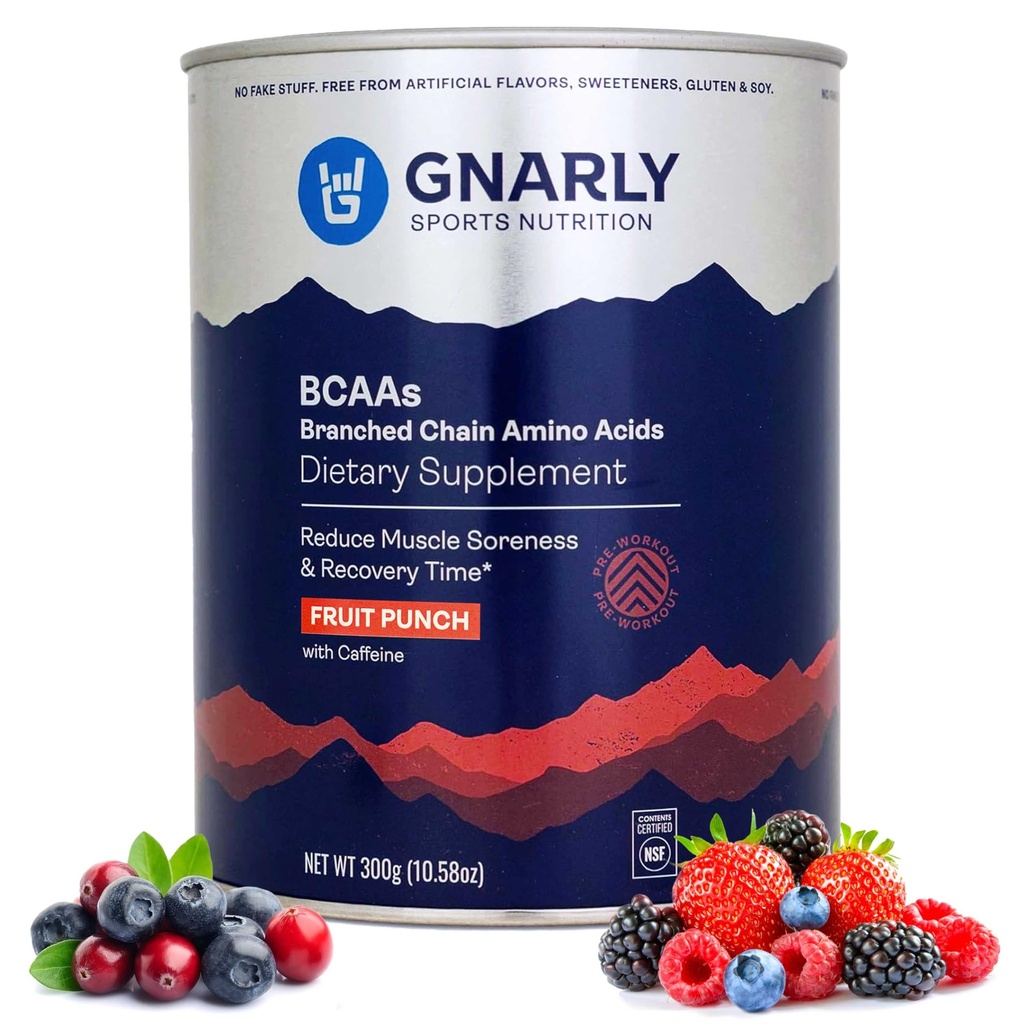 Gnarly Nutrition BCAA Powder, Fruit Punch – Aminoacidi BCAAS pre-allenamento – Certificato NSF Sport – Supplemento al supporto e ricostruzione del muscolo – Punch di frutta con caffeina, 10.58 oz
