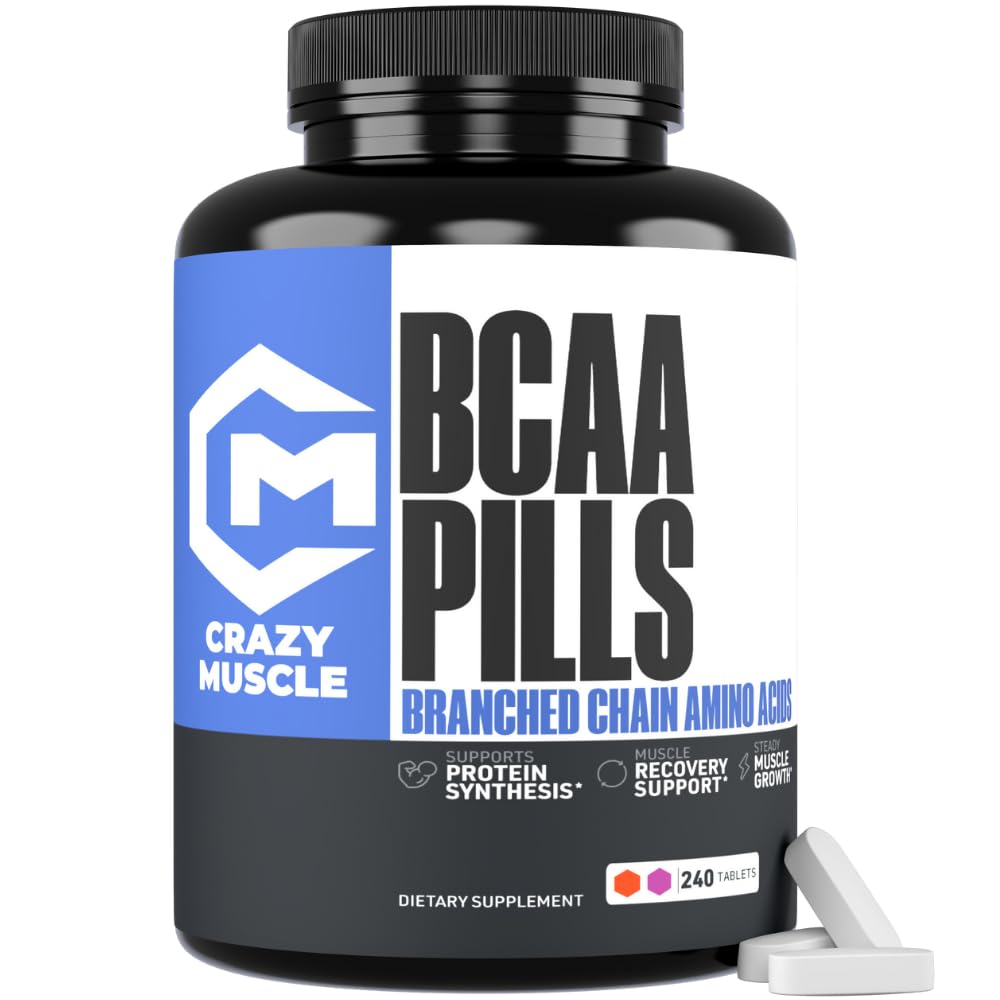Crazy Muscle 3000mg BCAA Pills (80 giorni di alimentazione) con l'ottimo rapporto 2:1:1:1 di aminoacidi a catena ramificata per il recupero e la crescita, 1000mg BCAAs per pillola (più che BCAA capsule) 240 compresse