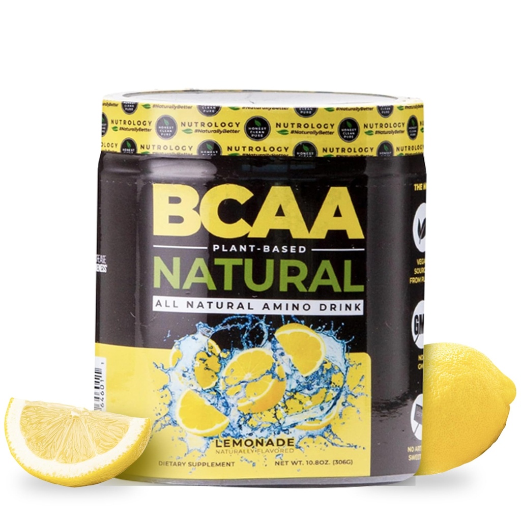 Nutrologia BCAA naturale - polvere BCAA basata sulle piante, aroma di limonata, polvere di aminoacidi di rapporto 2:1:1:1 per il recupero pre allenamento e post allenamento, Vegan, senza glutine, non OGM, 30 Serve