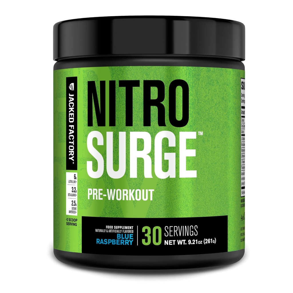 Jacked Factory NITROSURGE Pre Workout Supplement - Energy Booster, Gains Instant Strength, Clear Focus & Intense Pumps - NO Booster & Powerful Preworkout Energy Powder - 30 Serve, Blue Raspberry