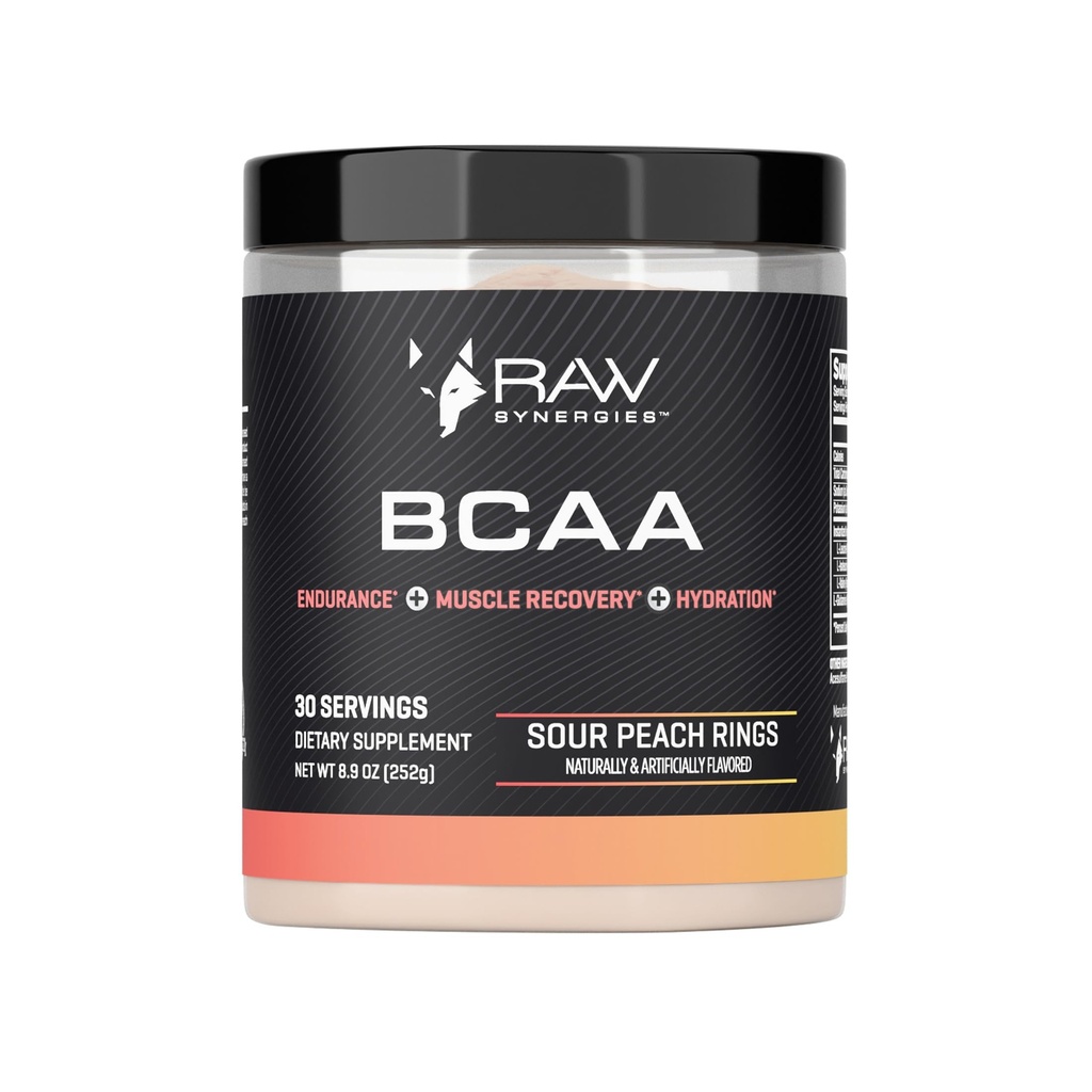 Sinergie RAW Polvere BCAA – Vegan 2:1:1:1 Aminoacidi con L-Glutamina – Recupero del muscolo, Supporto di Endurance & Hydration – Anelli di pesca acida, 30 Serve
